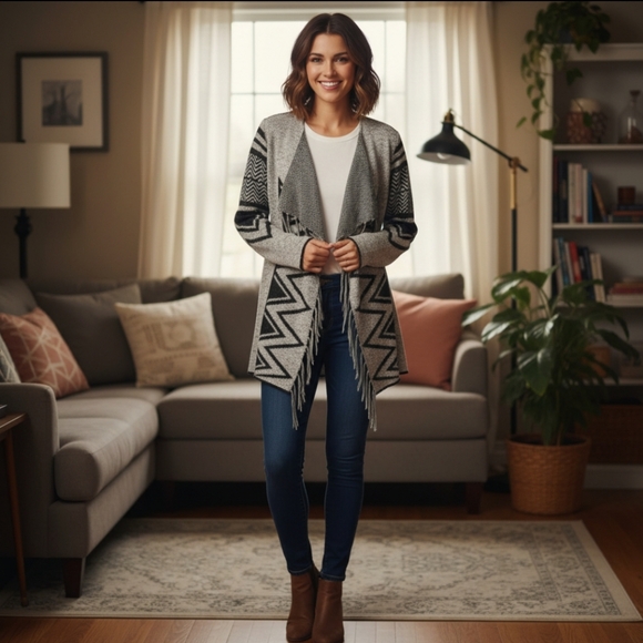 Suzy Shier Black and Gray Patterned Cardigan - Picture 2 of 11